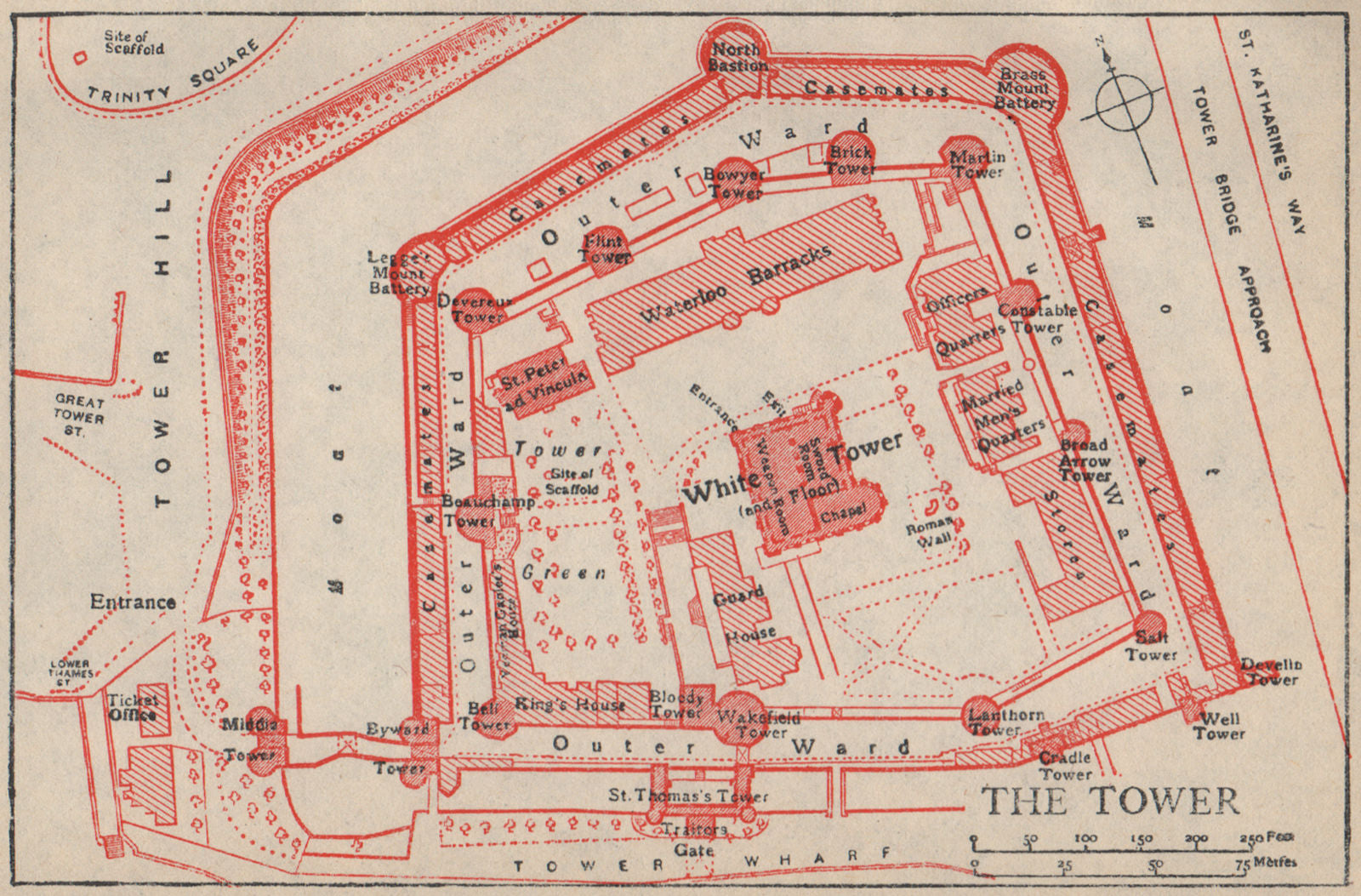 TOWER OF LONDON. Vintage ground plan 1951 old vintage map chart